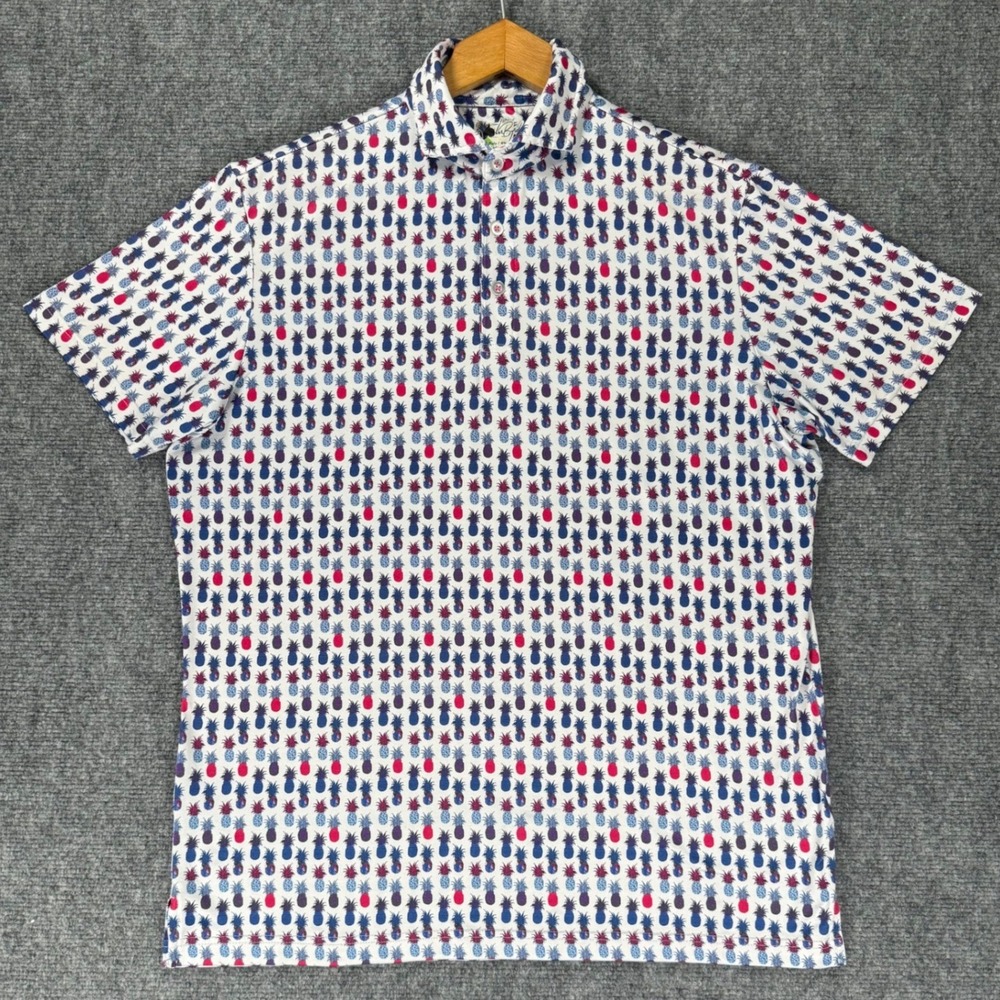 TailorByrd Men's Medium White Navy Pink Pineapple Print SPF 30 Golf Polo